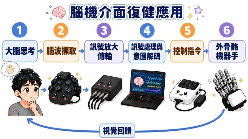 ▲腦機介面用於復健訓練，從大腦思考到操作機器的過程。（圖／裴育晟醫師提供）