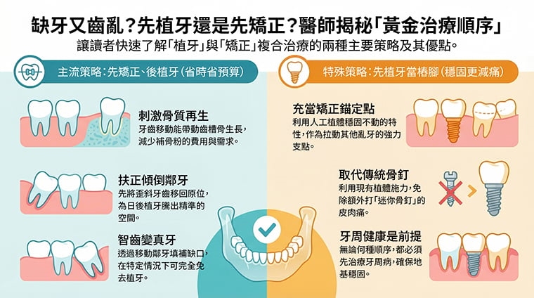 ▲缺牙又齒亂?先植牙還是先矯正?快速了解「植牙」與「矯正」複合治療的兩種主要策略及其優點。(圖/AI生成示意圖)