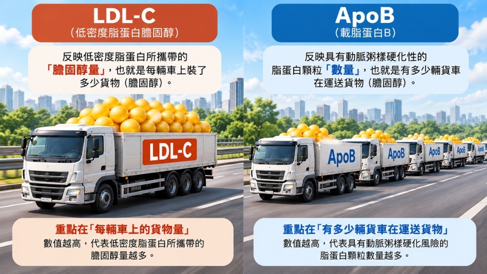 圖說:LDL-C反映低密度脂蛋白所攜帶的膽固醇量,ApoB則可協助評估具有動脈粥樣硬化性的脂蛋白顆粒數量。即使LDL-C數值相近,脂蛋白顆粒數量仍可能不同,因此部分族群需要結合ApoB等指標,進一步評估心血管風險。