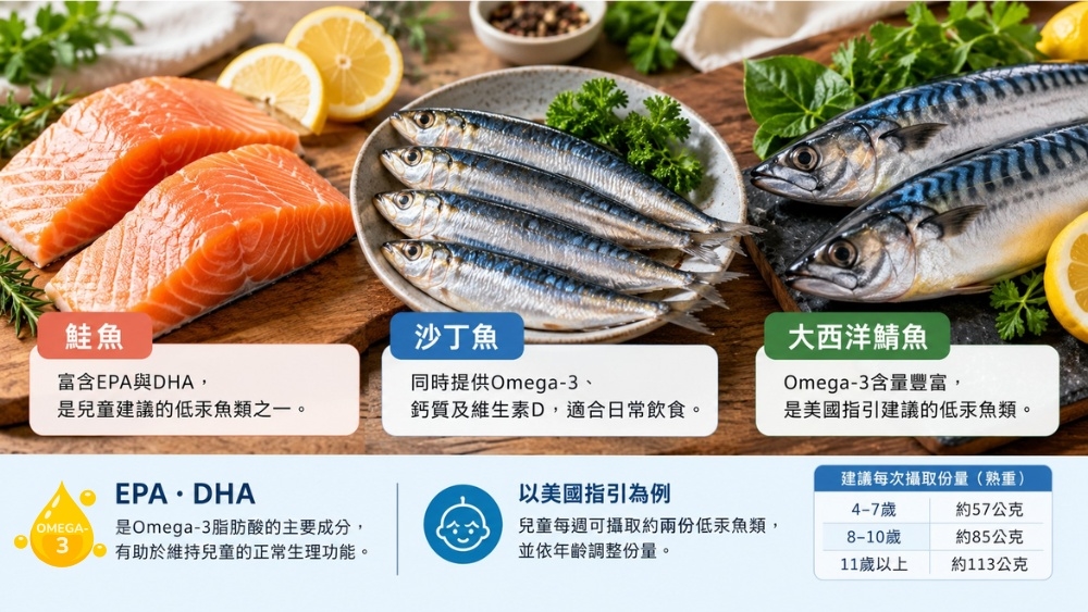 圖說:美國FDA與EPA建議,兒童優先選擇鮭魚、沙丁魚及大西洋鯖魚等低汞魚類,並依年齡調整每次攝取份量。Omega-3補充品則應留意EPA與DHA實際含量,不宜以補充量愈高代表效果愈好。