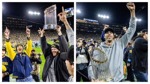 MLB(影)/剛出爐冠軍為包裝工加油!「酒鬼們」帶世界大賽金盃看鄰居比賽