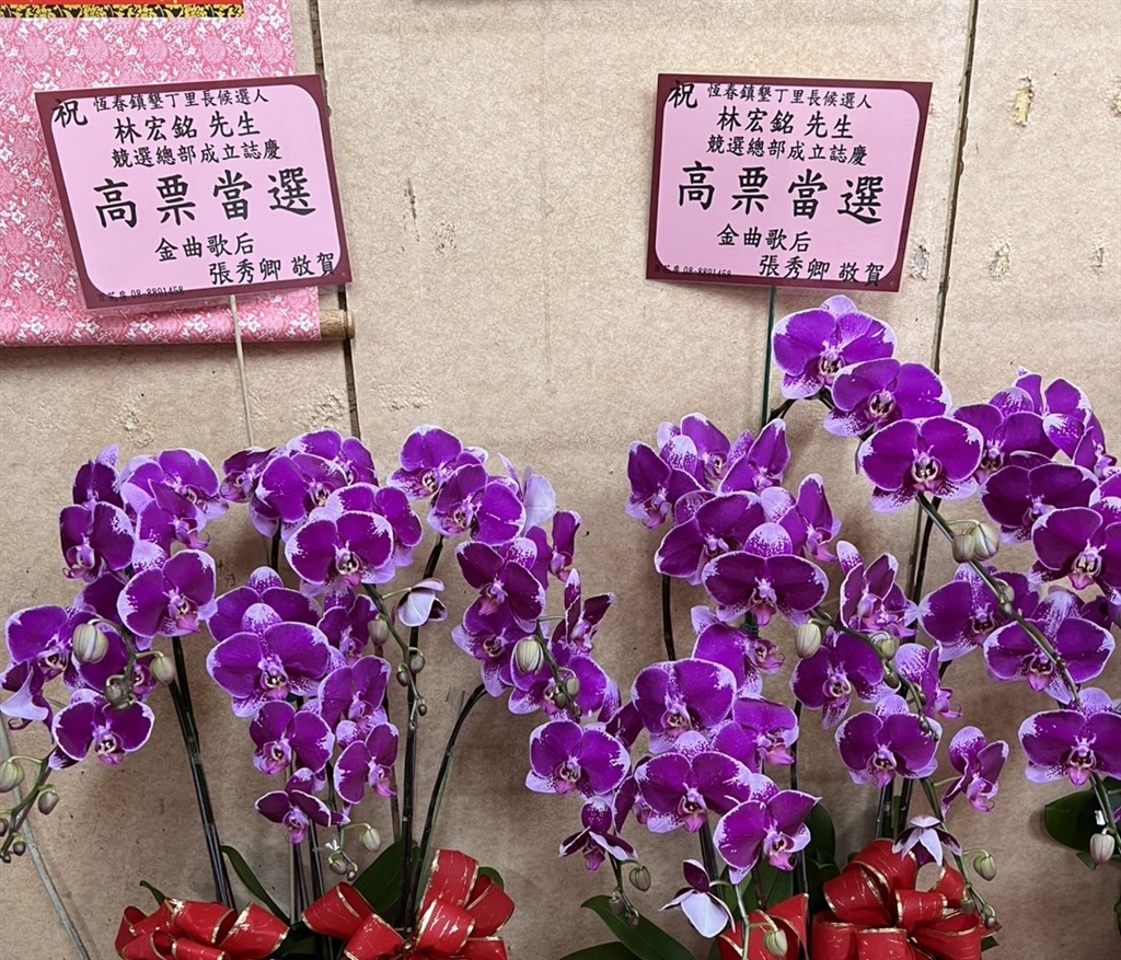 張秀卿送花祝福林宏銘「高票當選」（照片提供：林宏銘）